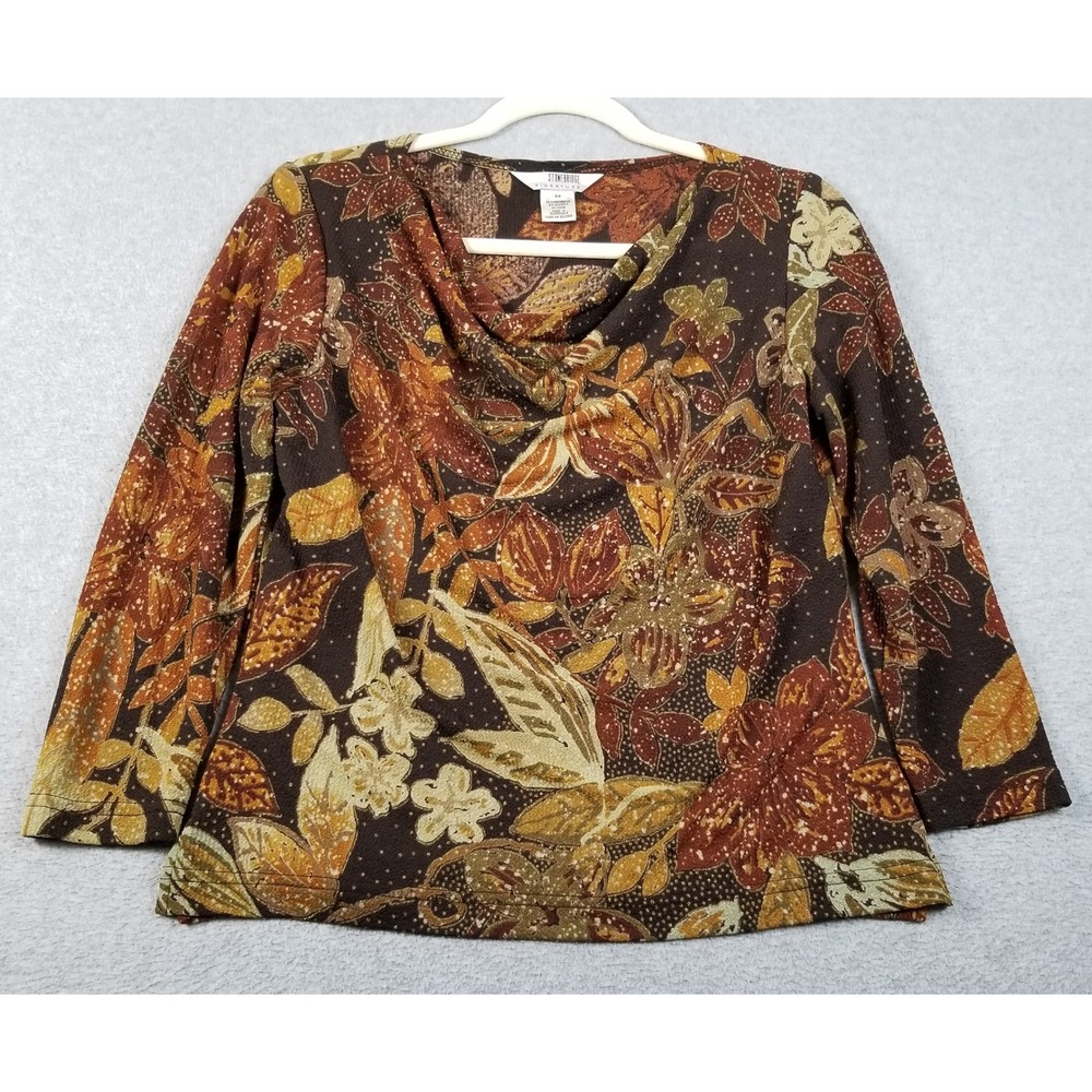 Stonebridge Blouse Women's Medium M Brown Floral Leaves Cowl Neck 3/4 Sleeve Top
